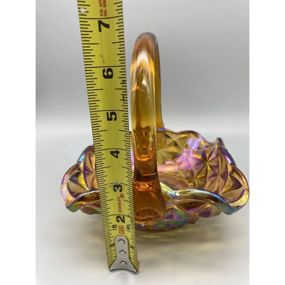 Vintage Indiana Glass Monticello Yellow Mist  Carnival Glass Basket‎ With Handle